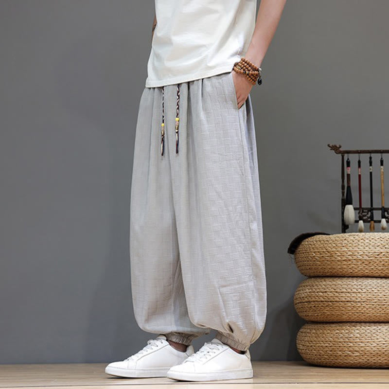 Nimara Ritual Summer Casual Drawstring Solid Woven Rattan Texture Pattern Ankle Pants Men's Harem Pants With Pocket