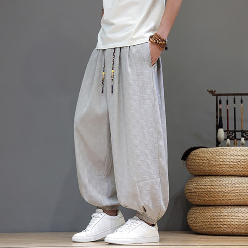 Nimara Ritual Summer Casual Drawstring Solid Woven Rattan Texture Pattern Ankle Pants Men's Harem Pants With Pocket
