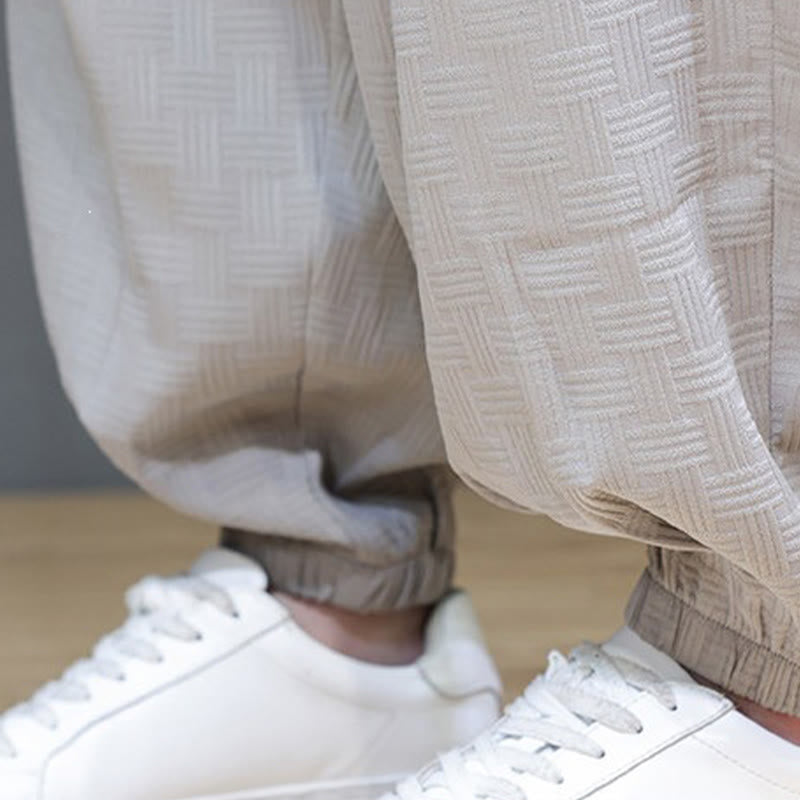 Nimara Ritual Summer Casual Drawstring Solid Woven Rattan Texture Pattern Ankle Pants Men's Harem Pants With Pocket
