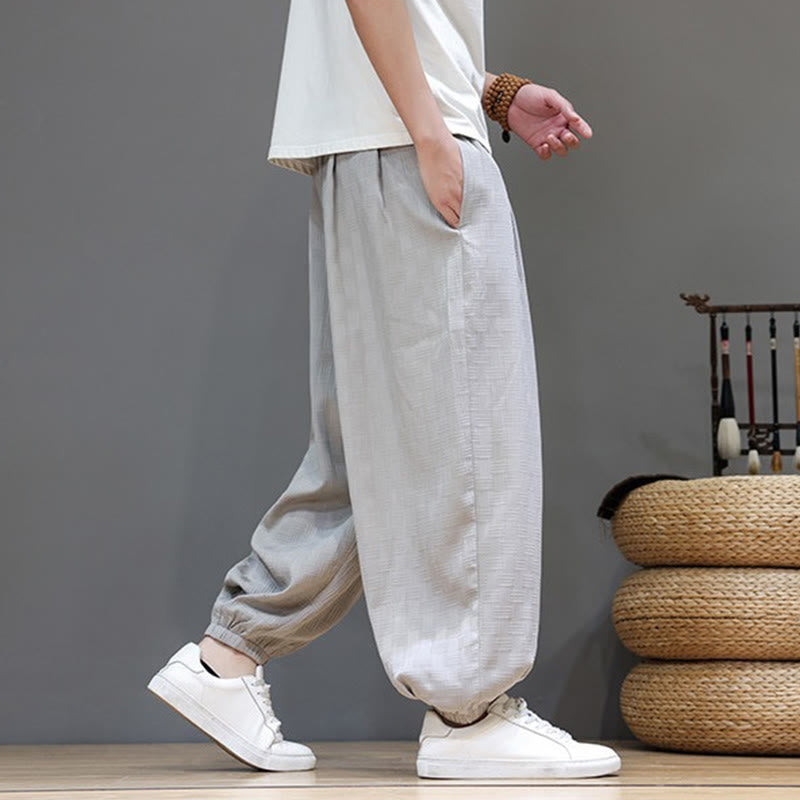 Nimara Ritual Summer Casual Drawstring Solid Woven Rattan Texture Pattern Ankle Pants Men's Harem Pants With Pocket