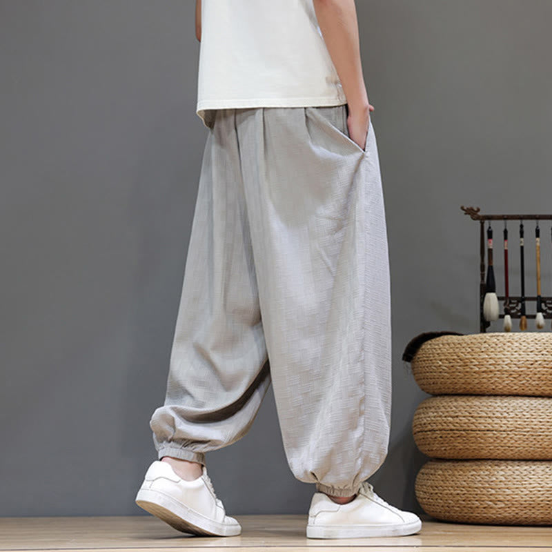 Nimara Ritual Summer Casual Drawstring Solid Woven Rattan Texture Pattern Ankle Pants Men's Harem Pants With Pocket