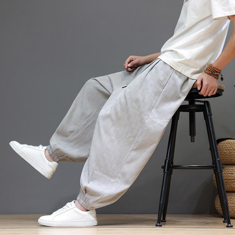 Nimara Ritual Summer Casual Drawstring Solid Woven Rattan Texture Pattern Ankle Pants Men's Harem Pants With Pocket