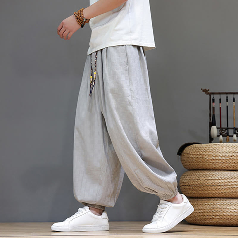 Nimara Ritual Summer Casual Drawstring Solid Woven Rattan Texture Pattern Ankle Pants Men's Harem Pants With Pocket