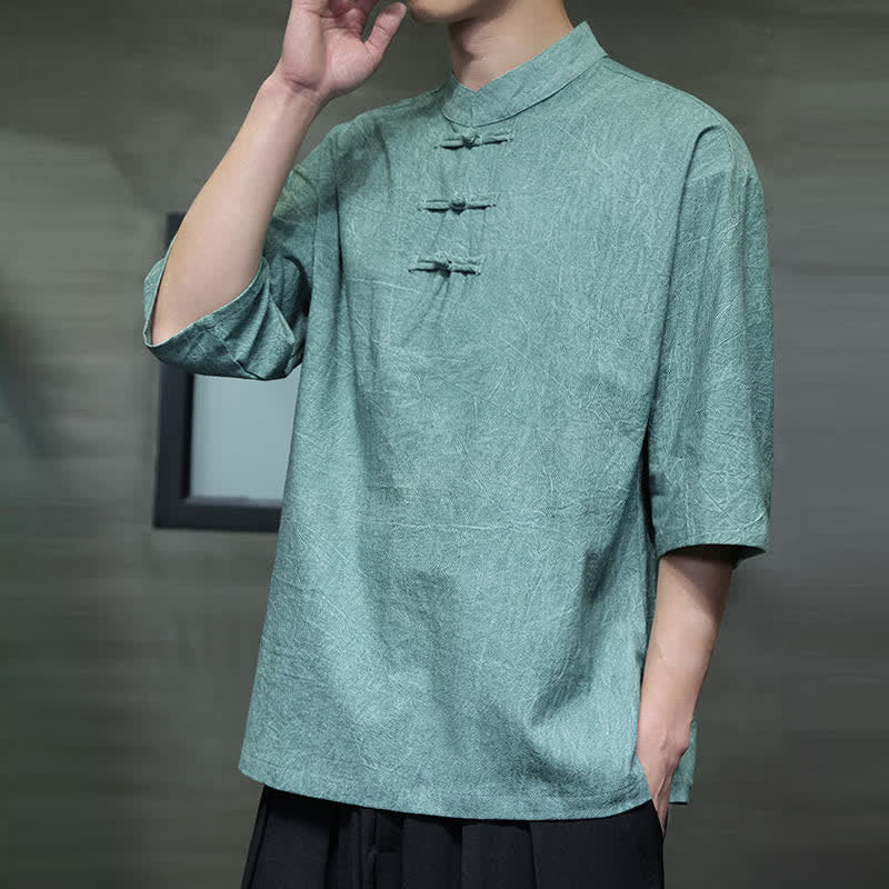 Nimara Ritual Summer Tang Style Three Frog Buttons Solid Men's Short Sleeve Shirts