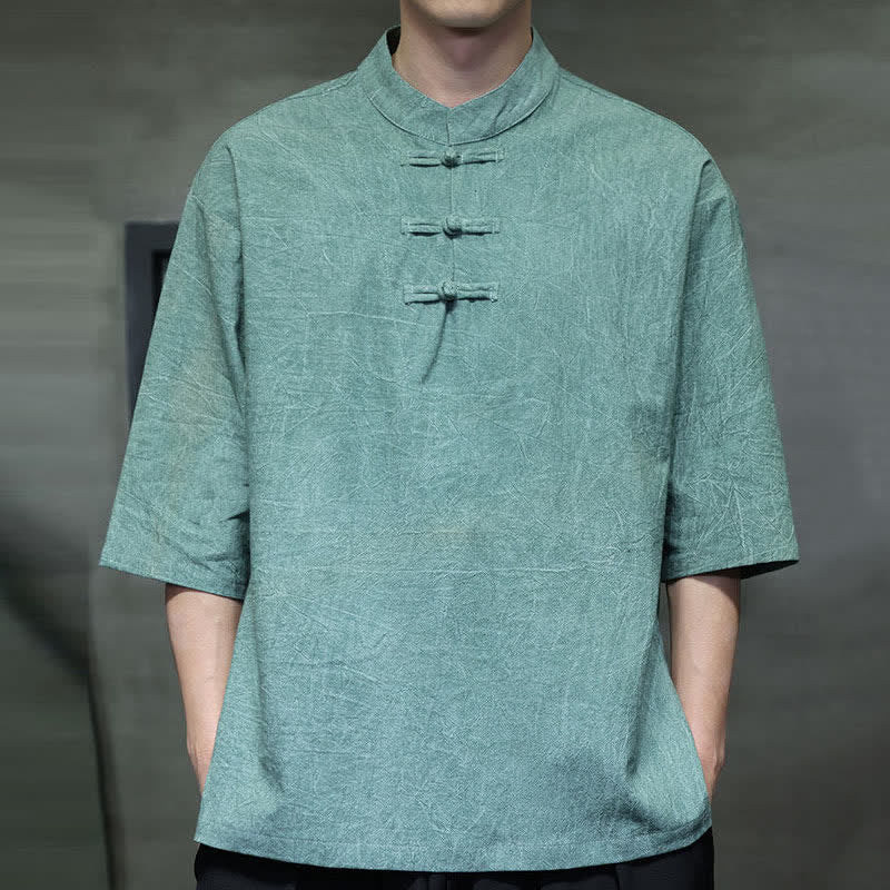 Nimara Ritual Summer Tang Style Three Frog Buttons Solid Men's Short Sleeve Shirts