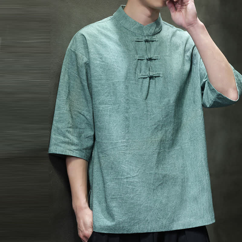 Nimara Ritual Summer Tang Style Three Frog Buttons Solid Men's Short Sleeve Shirts