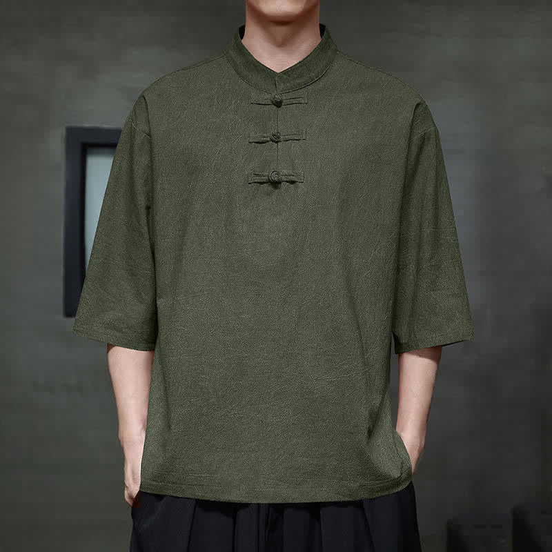 Nimara Ritual Summer Tang Style Three Frog Buttons Solid Men's Short Sleeve Shirts