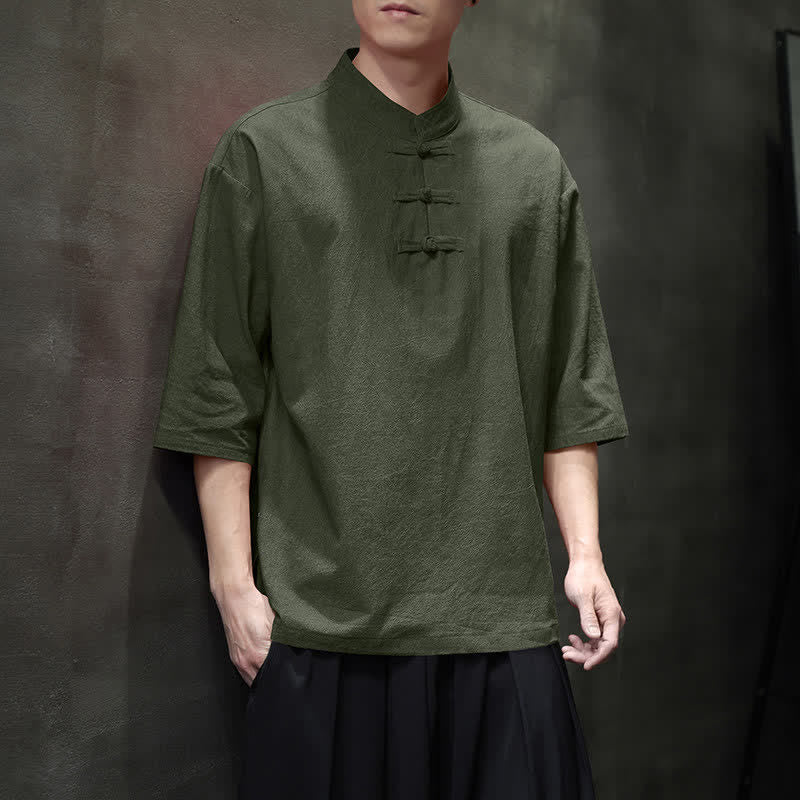 Nimara Ritual Summer Tang Style Three Frog Buttons Solid Men's Short Sleeve Shirts
