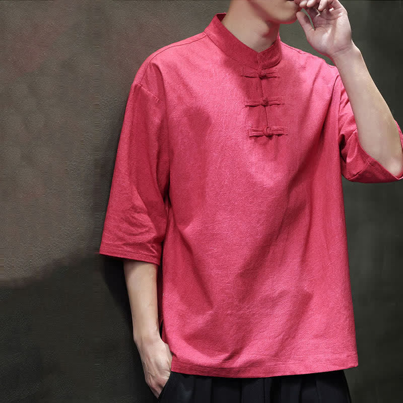 Nimara Ritual Summer Tang Style Three Frog Buttons Solid Men's Short Sleeve Shirts