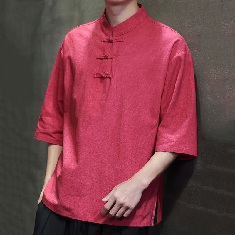 Nimara Ritual Summer Tang Style Three Frog Buttons Solid Men's Short Sleeve Shirts