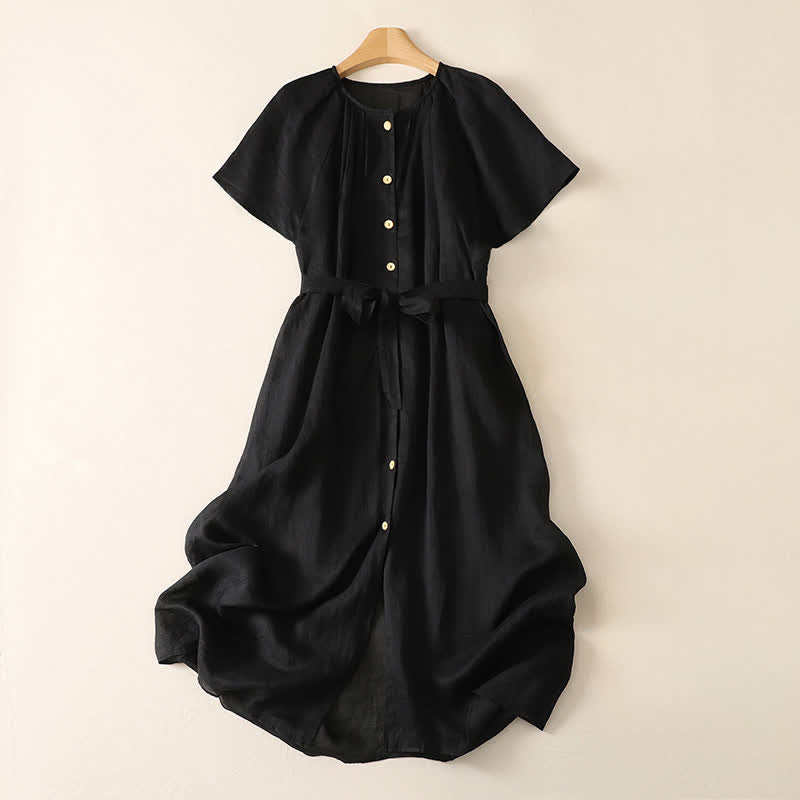 Nimara Ritual Summer Vintage Button-Up Solid Women's Short Sleeve Midi Dress With Pockets