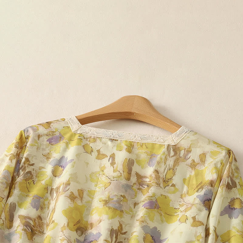Nimara Ritual Spring Summer Vintage Drawstring Yellow Floral Women's Short Sleeve Midi Dress