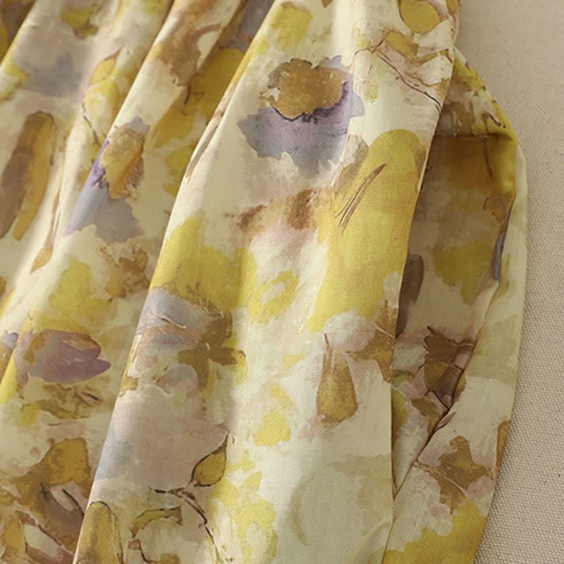 Nimara Ritual Spring Summer Vintage Drawstring Yellow Floral Women's Short Sleeve Midi Dress
