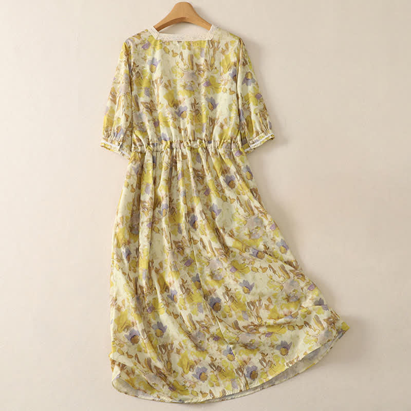 Nimara Ritual Spring Summer Vintage Drawstring Yellow Floral Women's Short Sleeve Midi Dress