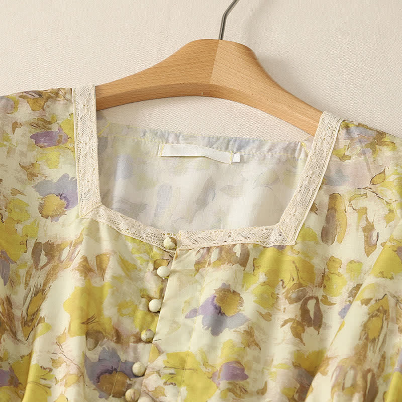 Nimara Ritual Spring Summer Vintage Drawstring Yellow Floral Women's Short Sleeve Midi Dress
