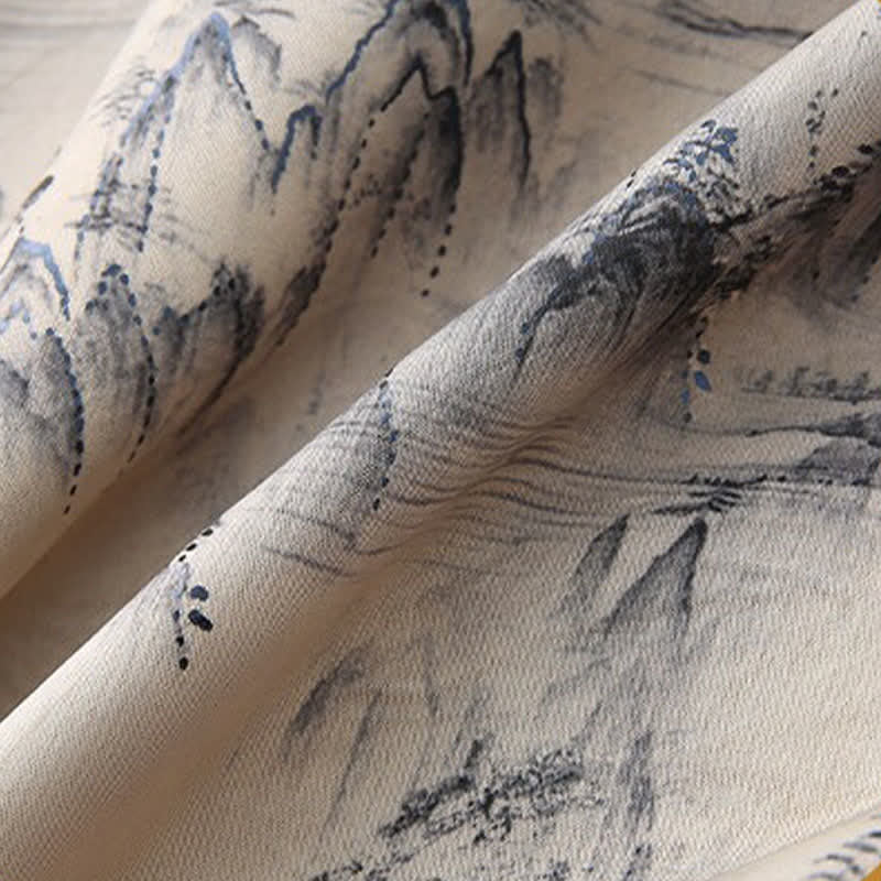 Nimara Ritual 2Pcs Summer Tang Style Casual Ink Painting Mountains Landscape Short Sleeve Shirt Straight Leg Pants Men's Meditation Cloth With Pockets