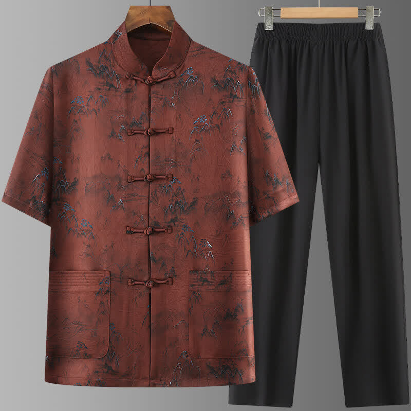 Nimara Ritual 2Pcs Summer Tang Style Casual Ink Painting Mountains Landscape Short Sleeve Shirt Straight Leg Pants Men's Meditation Cloth With Pockets
