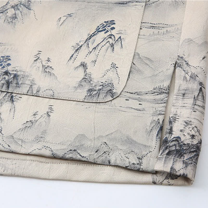 Nimara Ritual 2Pcs Summer Tang Style Casual Ink Painting Mountains Landscape Short Sleeve Shirt Straight Leg Pants Men's Meditation Cloth With Pockets