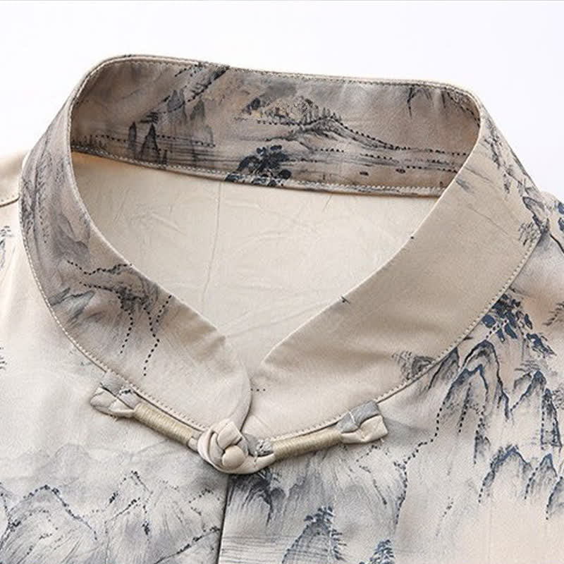Nimara Ritual 2Pcs Summer Tang Style Casual Ink Painting Mountains Landscape Short Sleeve Shirt Straight Leg Pants Men's Meditation Cloth With Pockets