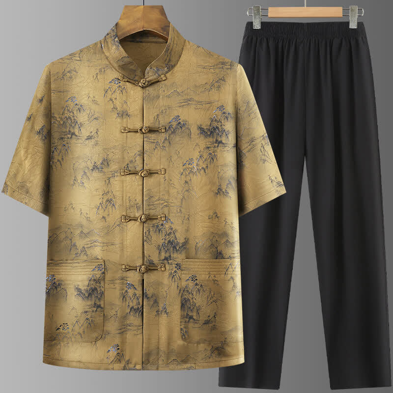 Nimara Ritual 2Pcs Summer Tang Style Casual Ink Painting Mountains Landscape Short Sleeve Shirt Straight Leg Pants Men's Meditation Cloth With Pockets