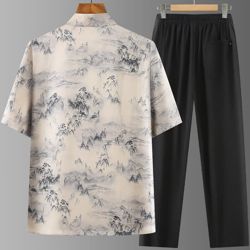 Nimara Ritual 2Pcs Summer Tang Style Casual Ink Painting Mountains Landscape Short Sleeve Shirt Straight Leg Pants Men's Meditation Cloth With Pockets