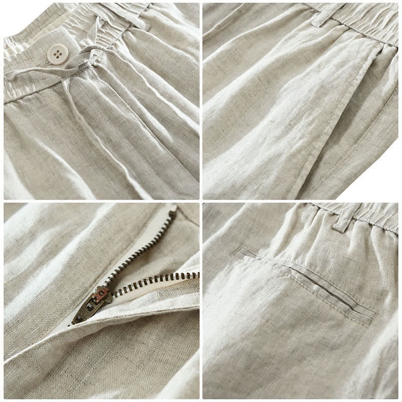 Nimara Ritual Summer Casual Minimalist Drawstring Zipper Design Solid Linen Men's Shorts With Pockets