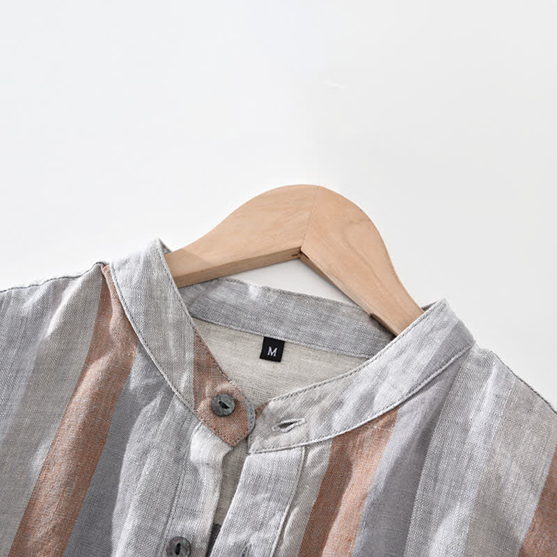 Nimara Ritual Summer Vintage Mandarin Collar Button Up Striped Linen Men's Shirts With Patch Pocket