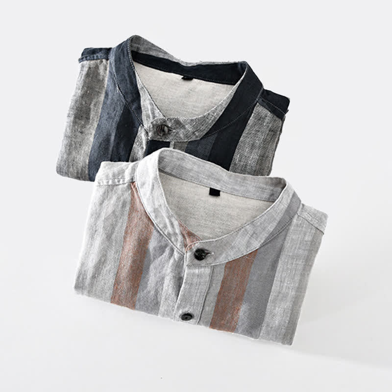 Nimara Ritual Summer Vintage Mandarin Collar Button Up Striped Linen Men's Shirts With Patch Pocket