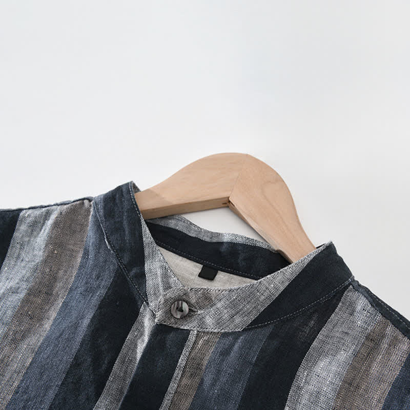 Nimara Ritual Summer Vintage Mandarin Collar Button Up Striped Linen Men's Shirts With Patch Pocket