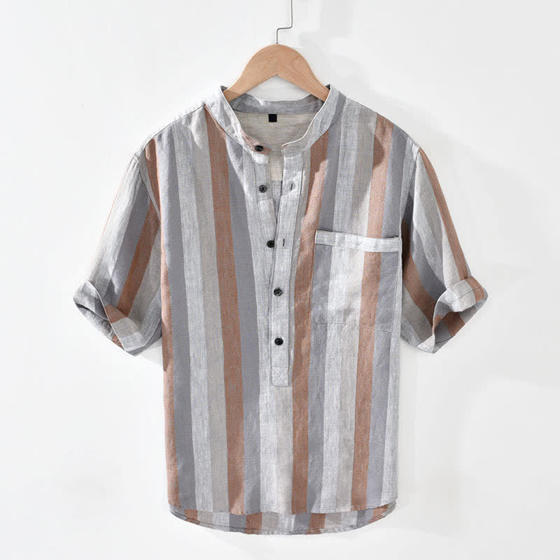 Nimara Ritual Summer Vintage Mandarin Collar Button Up Striped Linen Men's Shirts With Patch Pocket