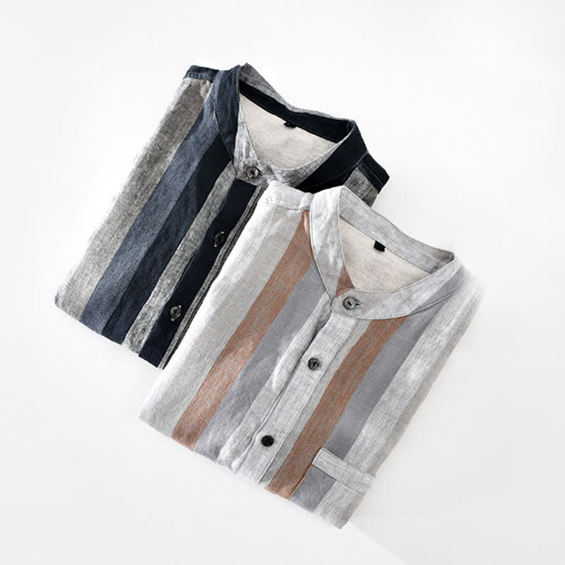 Nimara Ritual Summer Vintage Mandarin Collar Button Up Striped Linen Men's Shirts With Patch Pocket