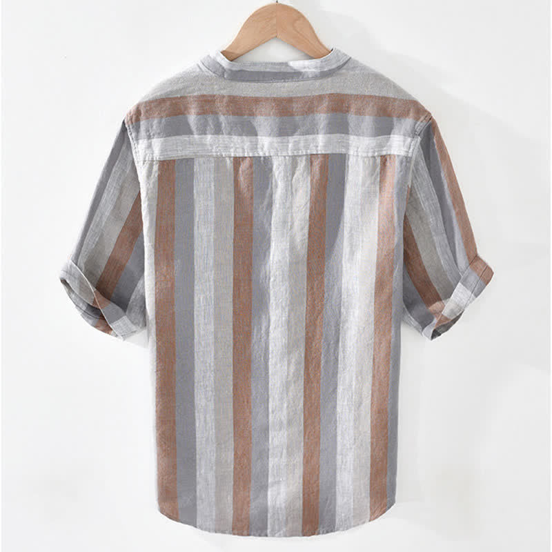 Nimara Ritual Summer Vintage Mandarin Collar Button Up Striped Linen Men's Shirts With Patch Pocket