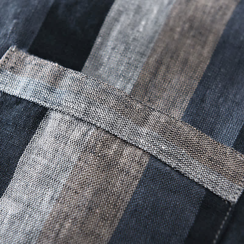 Nimara Ritual Summer Vintage Mandarin Collar Button Up Striped Linen Men's Shirts With Patch Pocket