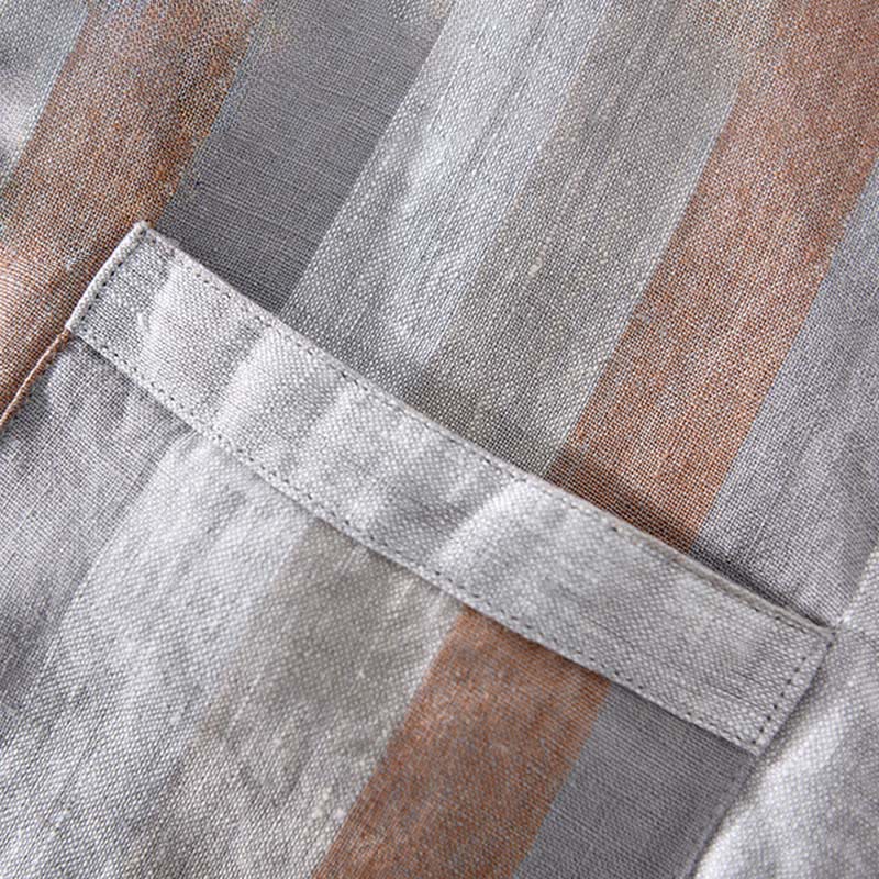 Nimara Ritual Summer Vintage Mandarin Collar Button Up Striped Linen Men's Shirts With Patch Pocket