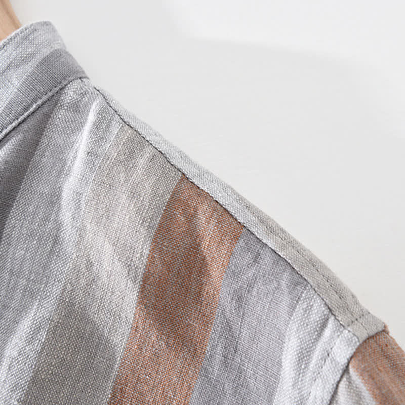Nimara Ritual Summer Vintage Mandarin Collar Button Up Striped Linen Men's Shirts With Patch Pocket