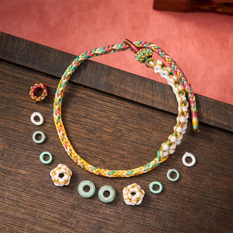 Nimara Ritual Handmade Braided Chinese Knotting Peach Blossoms Jade Luck Adjustable Bracelet