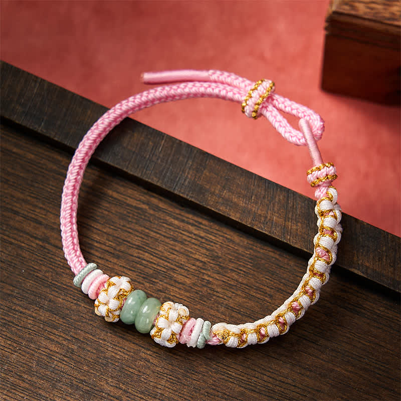 Nimara Ritual Handmade Braided Chinese Knotting Peach Blossoms Jade Luck Adjustable Bracelet