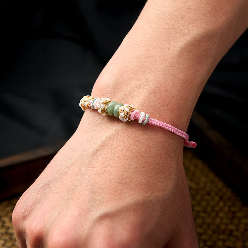 Nimara Ritual Handmade Braided Chinese Knotting Peach Blossoms Jade Luck Adjustable Bracelet
