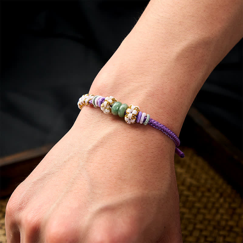 Nimara Ritual Handmade Braided Chinese Knotting Peach Blossoms Jade Luck Adjustable Bracelet