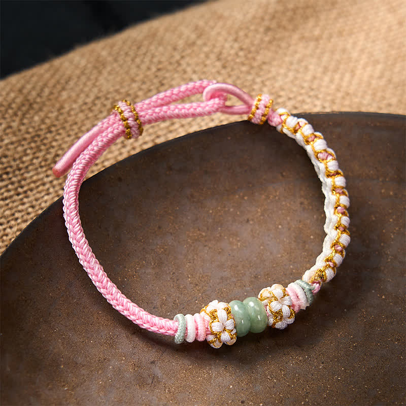 Nimara Ritual Handmade Braided Chinese Knotting Peach Blossoms Jade Luck Adjustable Bracelet