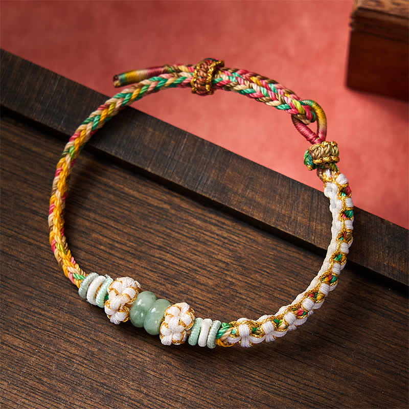 Nimara Ritual Handmade Braided Chinese Knotting Peach Blossoms Jade Luck Adjustable Bracelet