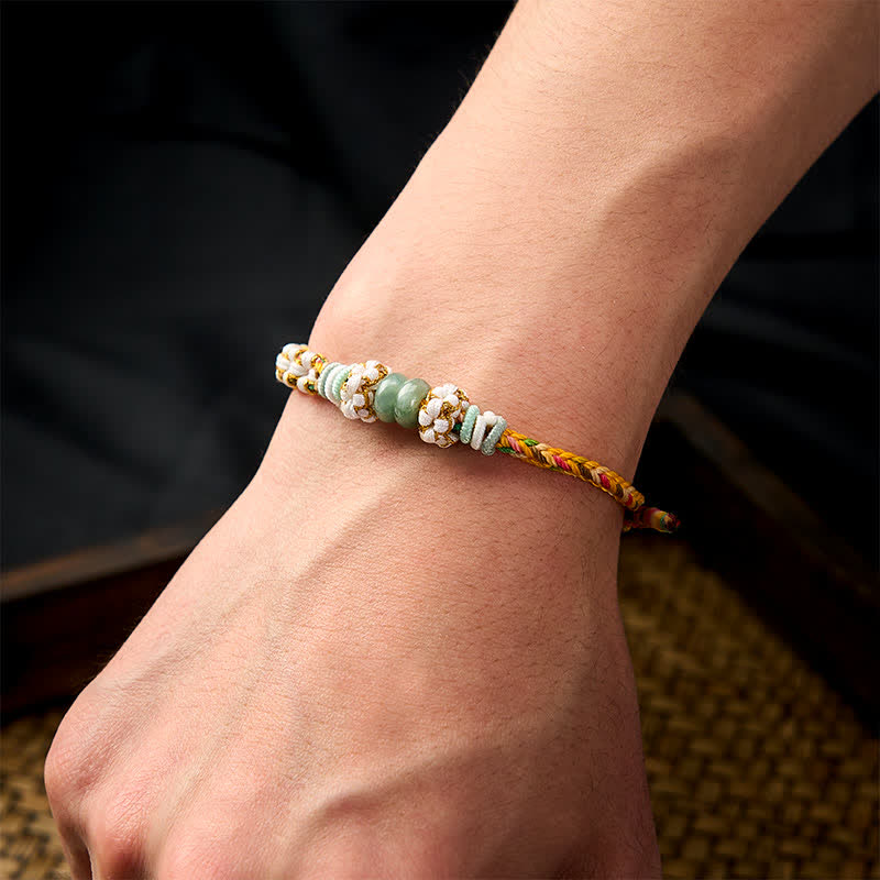 Nimara Ritual Handmade Braided Chinese Knotting Peach Blossoms Jade Luck Adjustable Bracelet