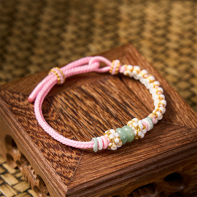Nimara Ritual Handmade Braided Chinese Knotting Peach Blossoms Jade Luck Adjustable Bracelet