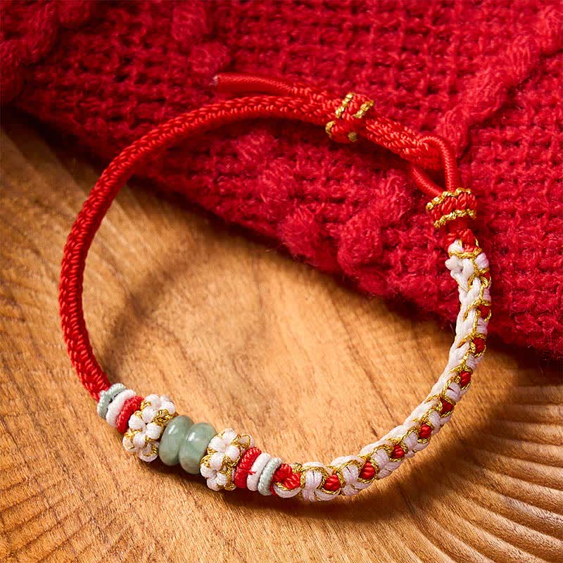 Nimara Ritual Handmade Braided Chinese Knotting Peach Blossoms Jade Luck Adjustable Bracelet