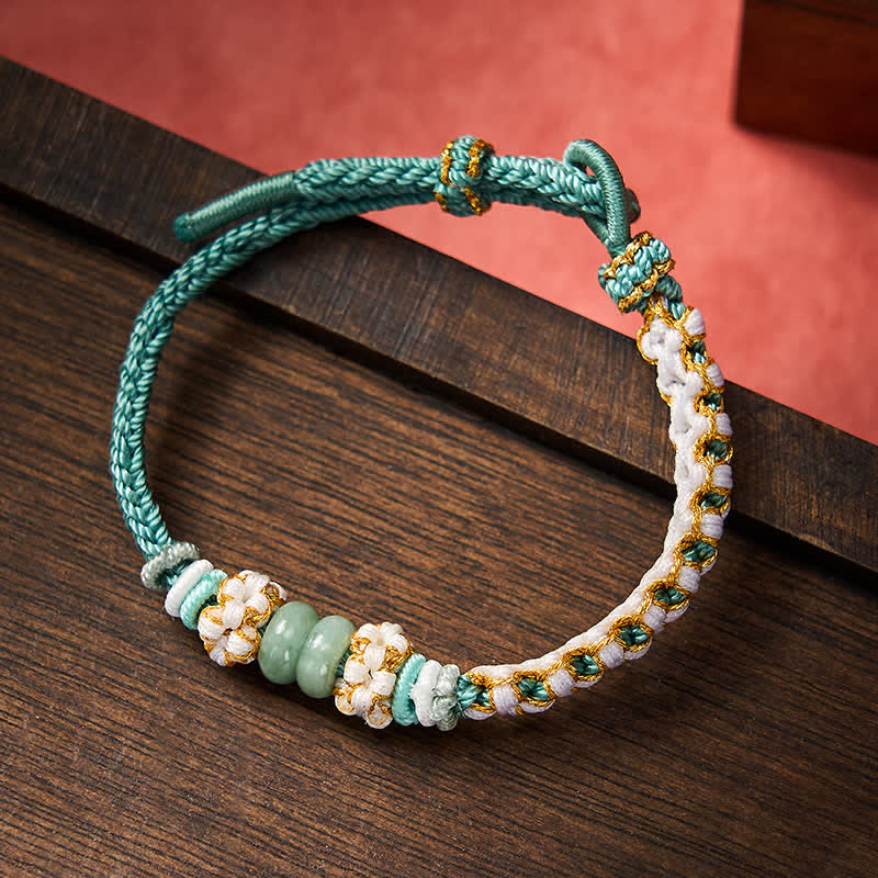 Nimara Ritual Handmade Braided Chinese Knotting Peach Blossoms Jade Luck Adjustable Bracelet
