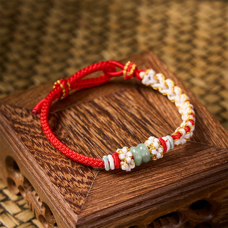 Nimara Ritual Handmade Braided Chinese Knotting Peach Blossoms Jade Luck Adjustable Bracelet