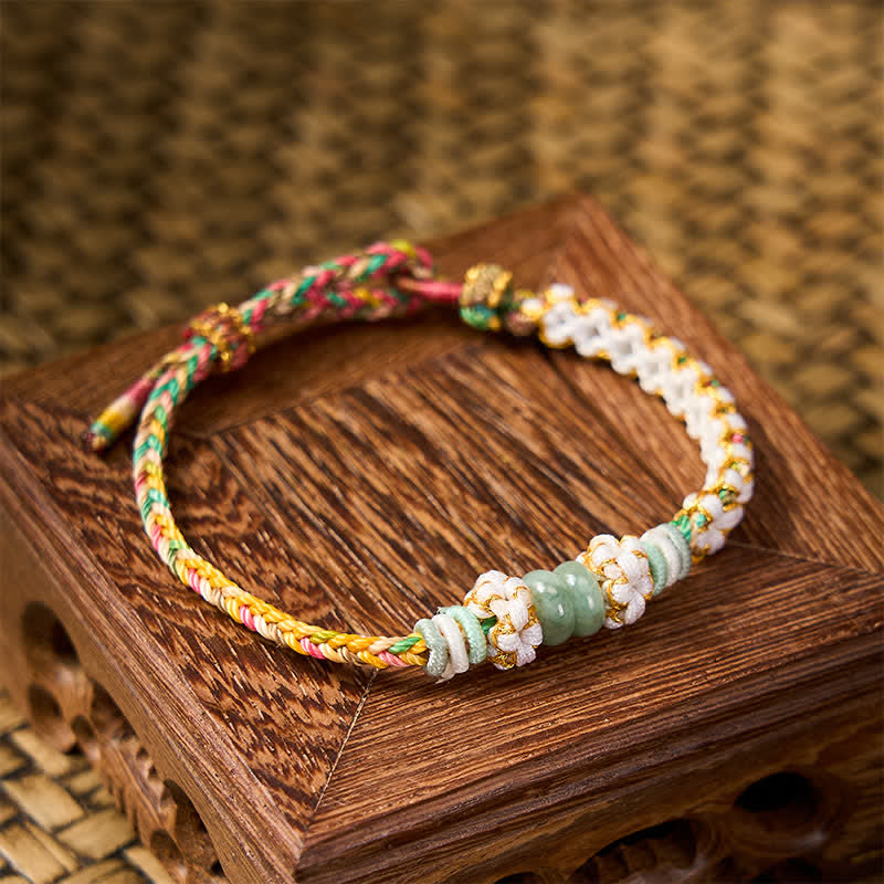 Nimara Ritual Handmade Braided Chinese Knotting Peach Blossoms Jade Luck Adjustable Bracelet