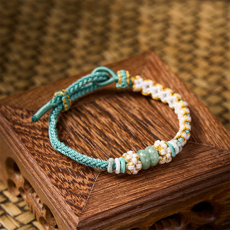 Nimara Ritual Handmade Braided Chinese Knotting Peach Blossoms Jade Luck Adjustable Bracelet