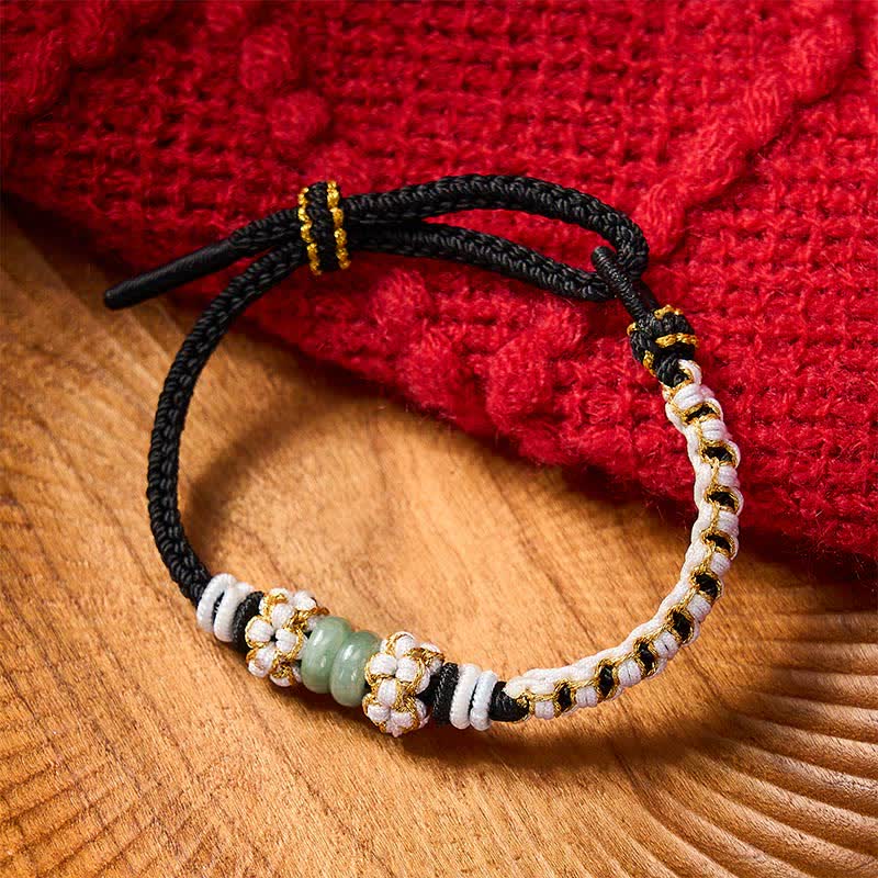 Nimara Ritual Handmade Braided Chinese Knotting Peach Blossoms Jade Luck Adjustable Bracelet