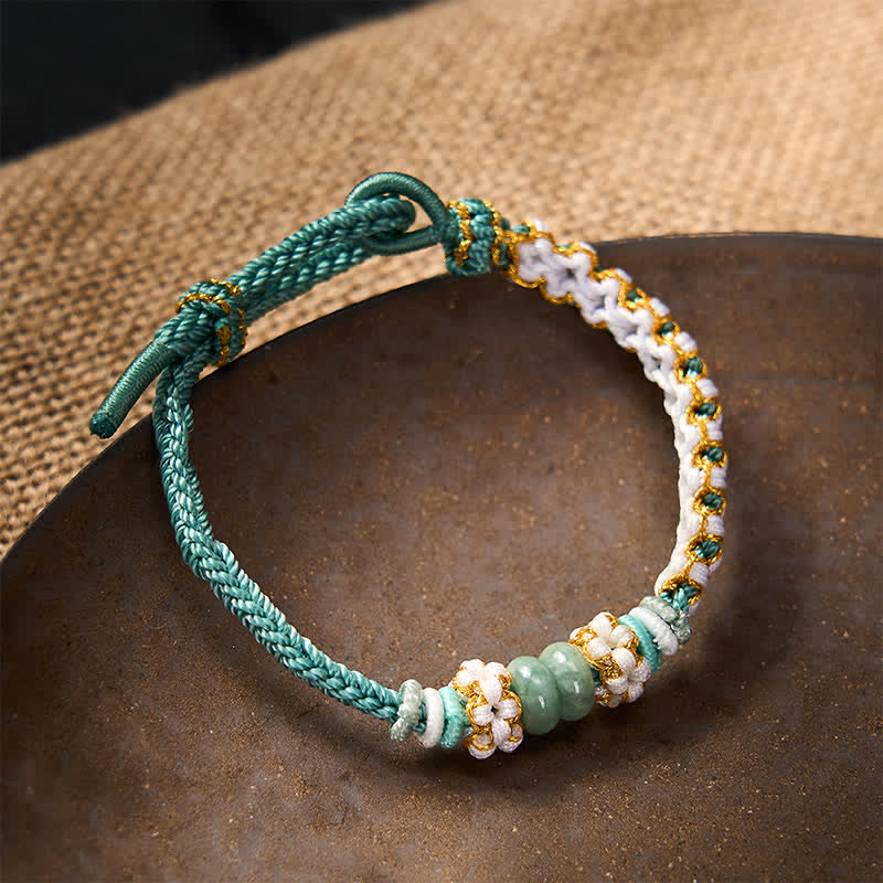 Nimara Ritual Handmade Braided Chinese Knotting Peach Blossoms Jade Luck Adjustable Bracelet